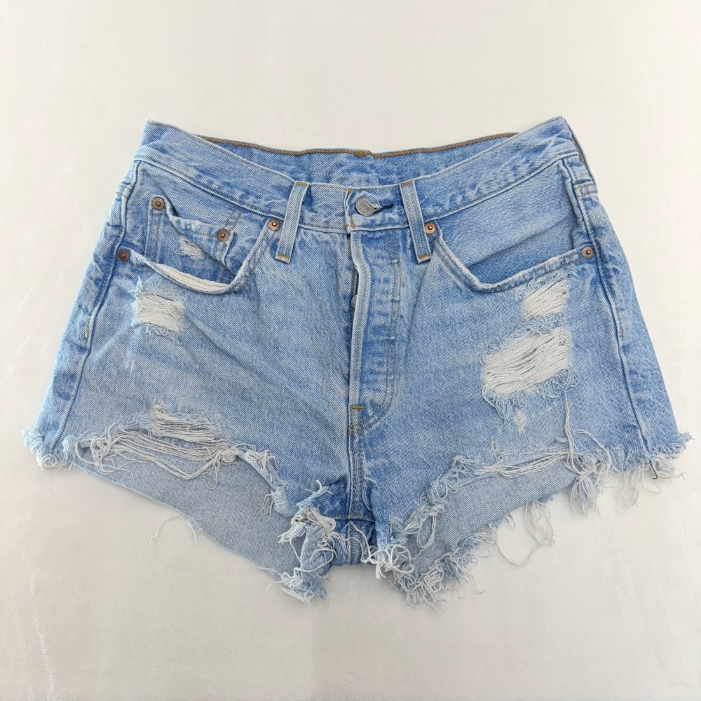 Levi's 501 Original Shorts Women 27 Light Blue Distressed Cutoff Denim